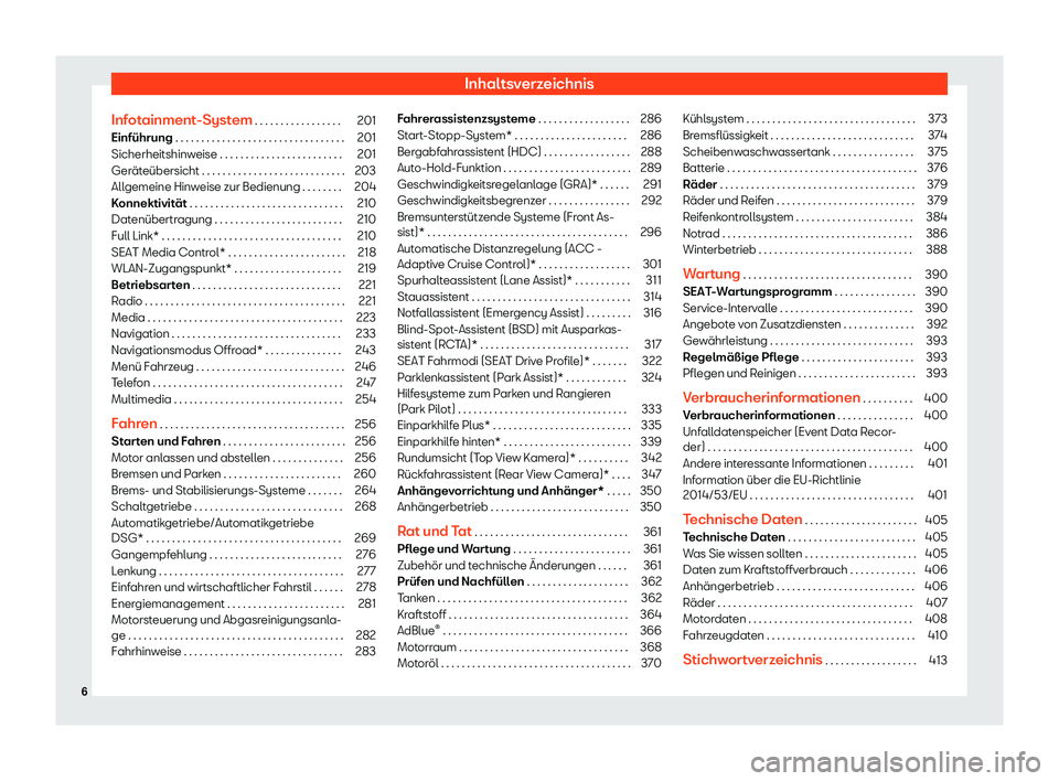 Seat Tarraco 2018  Betriebsanleitung (in German) Inhaltsverzeichnis
Infotainment-System . . . . . . . . . . . . . . . . . 201
Einf