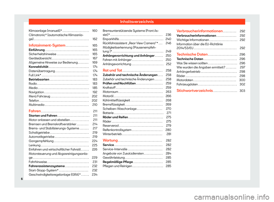 Seat Toledo 2018  Betriebsanleitung (in German) Inhaltsverzeichnis
Klimaanlage (manuell)* . . . . . . . . . . . . . . . . . . . . 160
Climatronic* (automatische Klimaanla-
ge) . . . . . . . . . . . . . . . . . . . . . . . . . . . . . . . . . .\
 . 