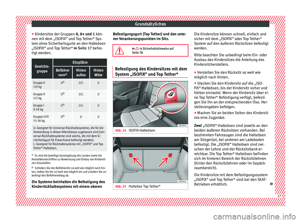 Seat Toledo 2017  Betriebsanleitung (in German) Grundsätzliches
● Kinder s
itz
e der Gruppen 0, 0+ und 1 kön-
nen mit dem „ISOFIX“ und Top Tether* Sys-
tem ohne Sicherheitsgurte an den Halteösen
„ISOFIX“ und Top Tether*  ››› Seit