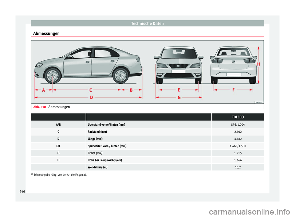 Seat Toledo 2017  Betriebsanleitung (in German) Technische Daten
Abmessungen Abb. 218 
Abmessungen  TOLEDO
A/BÜberstand vorne/hinten (mm)876/1.004
CRadstand (mm)2.602
DLänge (mm)4.482
E/FSpurweitea)
 vorn / hinten (mm)1.463/1.500
GBreite (mm)1.71