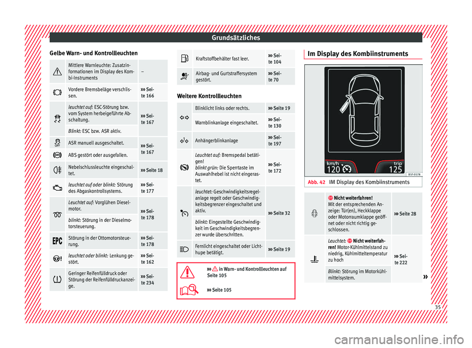 Seat Toledo 2017  Betriebsanleitung (in German) Grundsätzliches
Gelbe Warn- und Kontrollleuchten Mittlere Warnleuchte: Zusatzin-
formationen im Display des Kom-
bi-Instruments–

Vordere Bremsbeläge verschlis-
sen.››› 
Sei-
te 166 