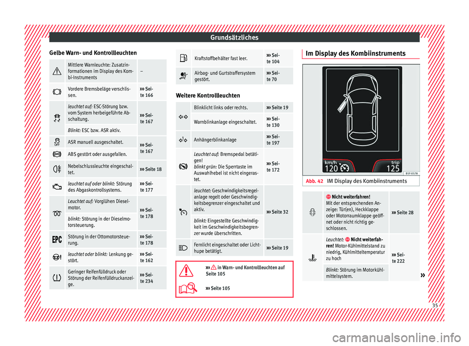 Seat Toledo 2017  Betriebsanleitung (in German) Grundsätzliches
Gelbe Warn- und Kontrollleuchten Mittlere Warnleuchte: Zusatzin-
formationen im Display des Kom-
bi-Instruments–

Vordere Bremsbeläge verschlis-
sen.››› 
Sei-
te 166 �