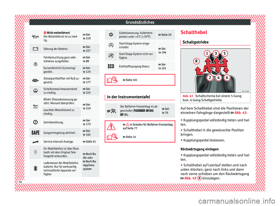 Seat Toledo 2017  Betriebsanleitung (in German) Grundsätzliches
  Nicht weiterfahren!
Der Motoröldruck ist zu nied-
rig.›››  Sei-
te 219 
Störung der Batterie.››› 
Sei-
te 227 
Fahrbeleuchtung ganz oder
teilweise ausgefal