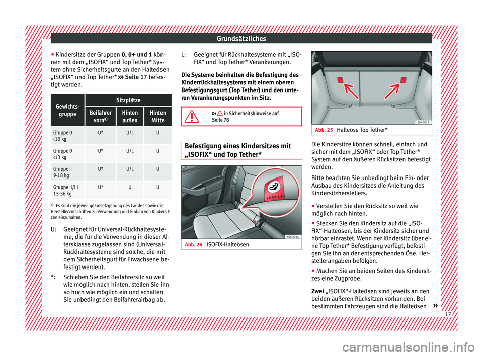 Seat Toledo 2016  Betriebsanleitung (in German) Grundsätzliches
● Kinder s
itz
e der Gruppen 0, 0+ und 1 kön-
nen mit dem „ISOFIX“ und Top Tether* Sys-
tem ohne Sicherheitsgurte an den Halteösen
„ISOFIX“ und Top Tether*  ››› Seit