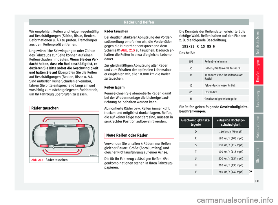 Seat Toledo 2016 Betriebsanleitung (in German) Räder und Reifen
Wir empfehlen, Reifen und Felgen regelmäßig
auf B
e
schädigungen (Stiche, Risse, Beulen,
Deformationen u. Ä.) zu prüfen. Fremdkörper
aus dem Reifenprofil entfernen.
Ungewöhnl Seat Toledo 2016 Betriebsanleitung (in German) Räder und Reifen
Wir empfehlen, Reifen und Felgen regelmäßig
auf B
e
schädigungen (Stiche, Risse, Beulen,
Deformationen u. Ä.) zu prüfen. Fremdkörper
aus dem Reifenprofil entfernen.
Ungewöhnl