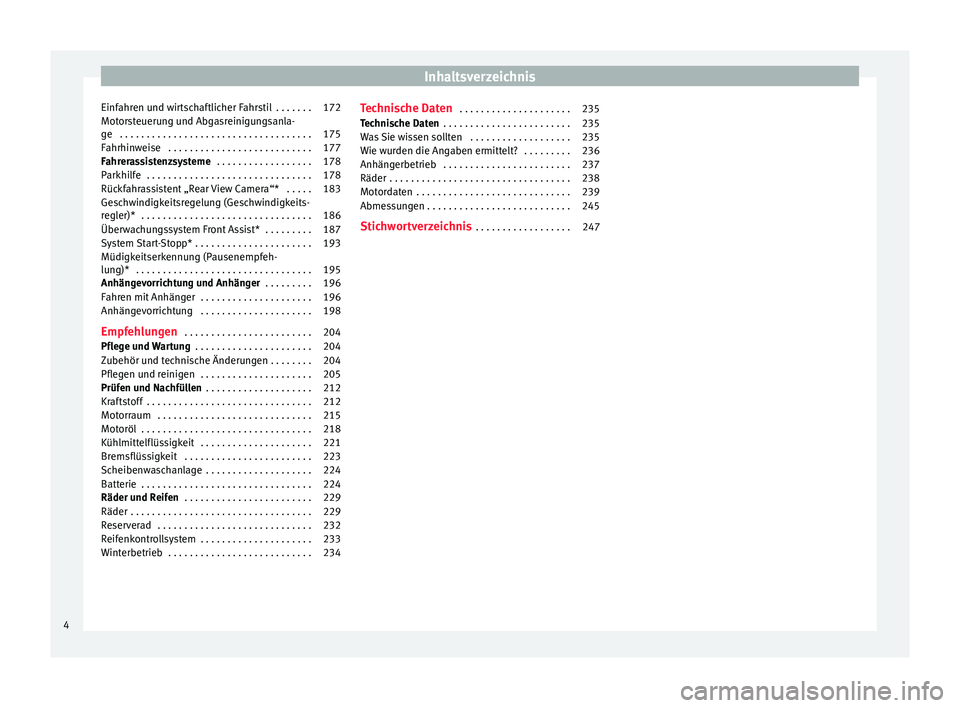 Seat Toledo 2016  Betriebsanleitung (in German) Inhaltsverzeichnis
Einfahren und wirtschaftlicher Fahrstil  . . . . . . . 172
Motorsteuerung und Abgasreinigungsanla-
g e
 . . . . . . . . . . . . . . . . . . . . . . . . . . . . . . . . . . . . 175
F