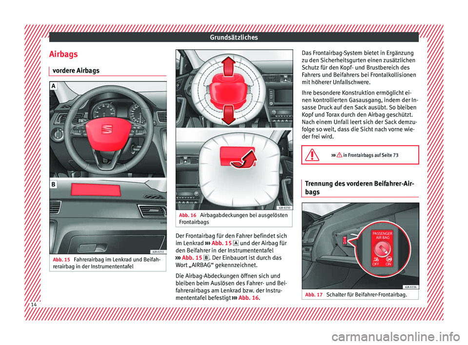 Seat Toledo 2015  Betriebsanleitung (in German) Grundsätzliches
Airbags vor
der
e Airbags Abb. 15 
Fahrerairbag im Lenkrad und Beifah-
r er
airb

ag in der Instrumententafel Abb. 16 
Airbagabdeckungen bei ausgelösten
Fr ont
airb

ags Der Frontair