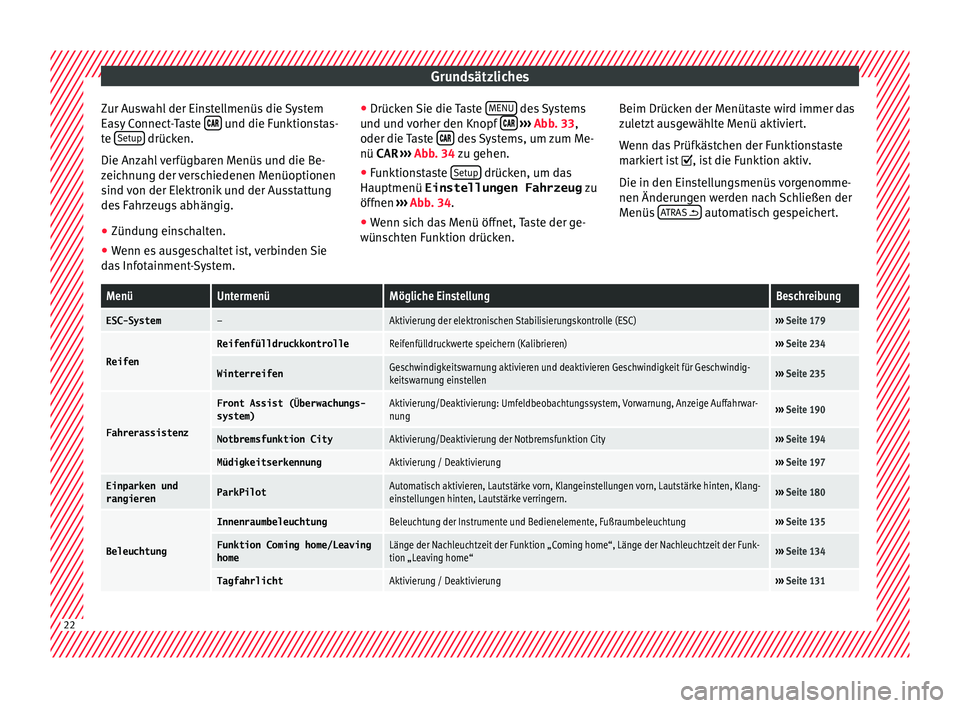 Seat Toledo 2015  Betriebsanleitung (in German) Grundsätzliches
Zur Auswahl der Einstellmenüs die System
E a
sy
 Connect-Taste    und die Funktionstas-
t e  Set
up  drücken.
Die An z
ah

l verfügbaren Menüs und die Be-
zeichnung der v