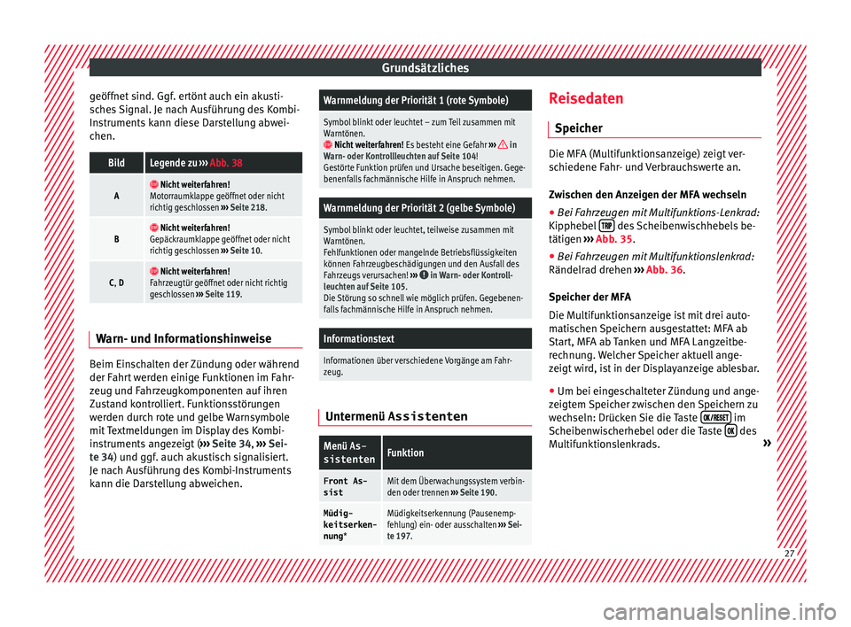 Seat Toledo 2015  Betriebsanleitung (in German) Grundsätzliches
geöffnet sind. Ggf. ertönt auch ein akusti-
s c
he
s Signal. Je nach Ausführung des Kombi-
Instruments kann diese Darstellung abwei-
chen.
BildLegende zu  ››› Abb. 38
A  N