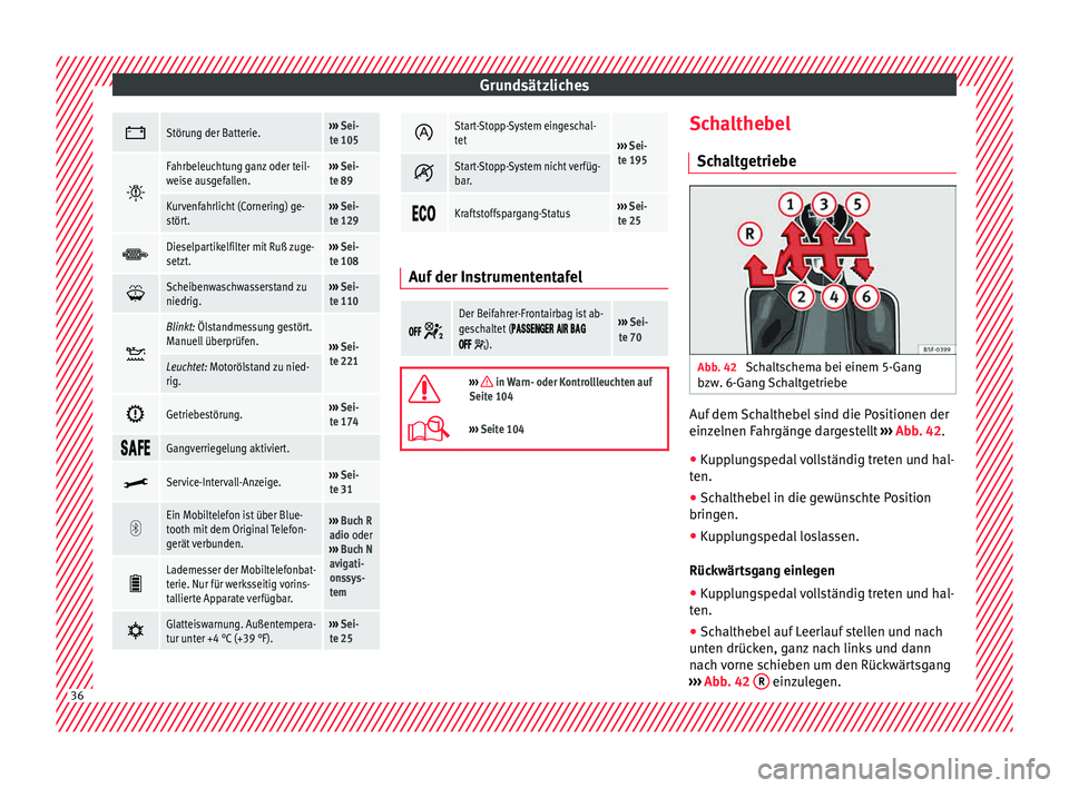 Seat Toledo 2015  Betriebsanleitung (in German) Grundsätzliches
Störung der Batterie.››› 
Sei-
te 105 
Fahrbeleuchtung ganz oder teil-
weise ausgefallen.››› 
Sei-
te 89
Kurvenfahrlicht (Cornering) ge-
stört.›››  Sei-
te 1