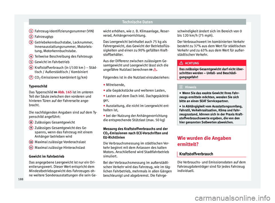 Seat Toledo 2012  Betriebsanleitung (in German) Technische Daten
Fahrzeug-Identifizierungsnummer (VIN)
Fahrzeugtyp
Getriebekennbuchstabe, Lacknummer,
Innenausstattungsnummer, Motorleis-
tung, Motorkennbuchstabe.
Teilweise Beschreibung des Fahrzeugs