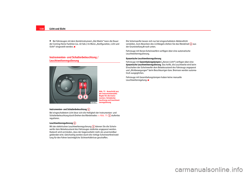 Seat Toledo 2006  Betriebsanleitung (in German) Licht und Sicht
118•
Bei Fahrzeugen mit dem Kombiinstru ment „Dot Matrix“ kann die Dauer 
der Coming-Home Funktion (ca. 40 Sek.) im Menü „Konfiguration, Licht und 
Sicht“ eingestellt werden