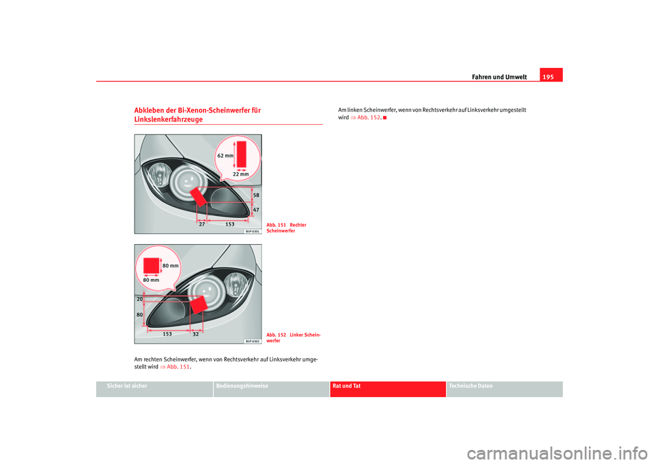 Seat Toledo 2006 Betriebsanleitung (in German) Fahren und Umwelt195
Sicher ist sicher
Bedienungshinweise
Rat und Tat
Technische Daten
Abkleben der Bi-Xenon-Scheinwerfer für LinkslenkerfahrzeugeAm rechten Scheinwerfer, wenn von Re chtsverkehr auf Seat Toledo 2006 Betriebsanleitung (in German) Fahren und Umwelt195
Sicher ist sicher
Bedienungshinweise
Rat und Tat
Technische Daten
Abkleben der Bi-Xenon-Scheinwerfer für LinkslenkerfahrzeugeAm rechten Scheinwerfer, wenn von Re chtsverkehr auf