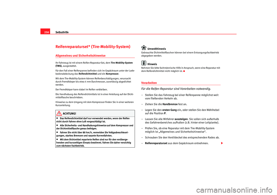 Seat Toledo 2006  Betriebsanleitung (in German) Selbsthilfe
250Reifenreparaturset* (Tire-Mobility-System)Allgemeines und SicherheitshinweiseIhr Fahrzeug ist mit einem Reifen-Reparatur-Set, dem Tire-Mobility-System 
(TMS) , ausgestattet.
Für den Fa