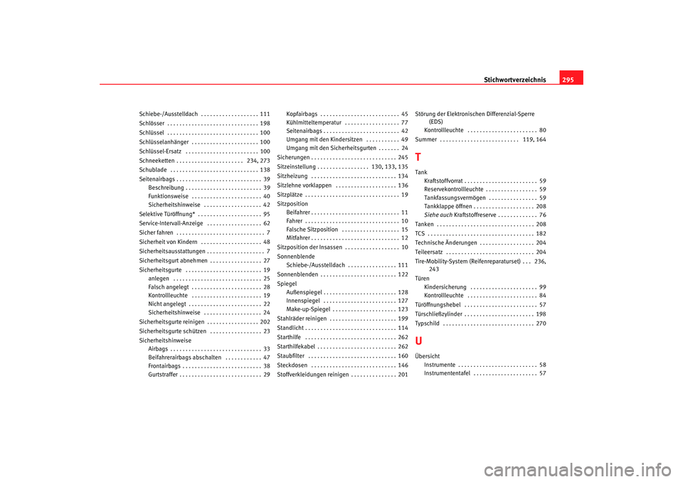 Seat Toledo 2005  Betriebsanleitung (in German) Stichwortverzeichnis295
Schiebe-/Ausstelldach  . . . . . . . . . . . . . . . . . . . 111
Schlösser  . . . . . . . . . . . . . . . . . . . . . . . . . . . . . . 198
Schlüssel  . . . . . . . . . . . .