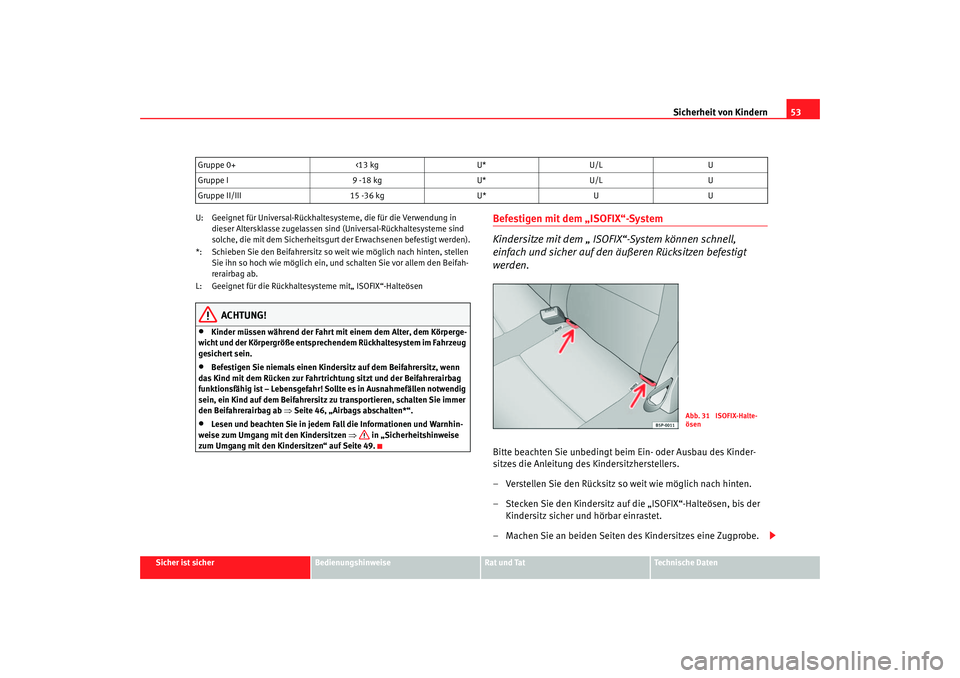 Seat Toledo 2005  Betriebsanleitung (in German) Sicherheit von Kindern53
Sicher ist sicher
Bedienungshinweise
Rat und Tat
Technische Daten
U: Geeignet für Universal-Rückhaltesysteme, die für die Verwendung in 
dieser Altersklasse zugelassen sind