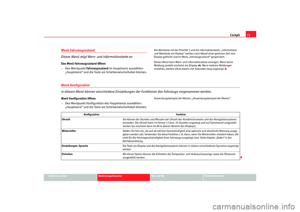 Seat Toledo 2005  Betriebsanleitung (in German) Cockpit71
Sicher ist sicher
Bedienungshinweise
Rat und Tat
Technische Daten
Menü Fahrzeugzustand 
Dieses Menü zeigt Warn- und Informationstexte anDas Menü Fahrzeugzustand öffnen
–Den Menüpunkt 