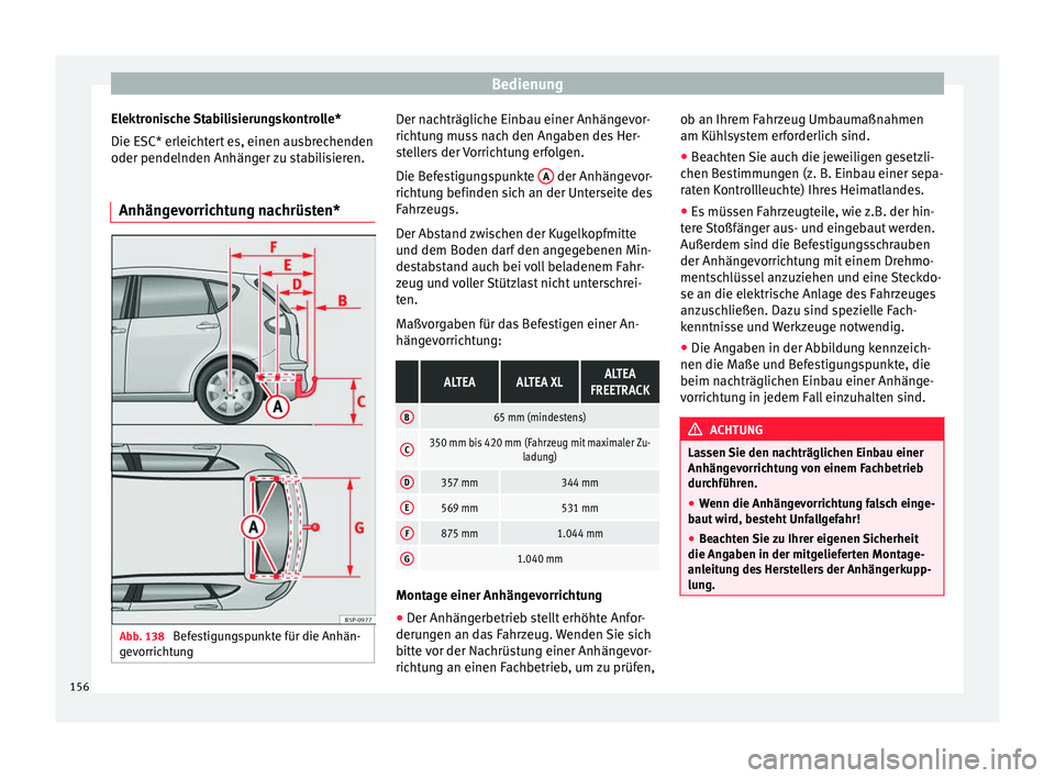 Seat Altea 2014 Betriebsanleitung (in German) Bedienung
Elektronische Stabilisierungskontrolle*
Die ESC* erleichtert es, einen ausbrechenden
oder pendelnden Anhänger zu stabilisieren.
Anhängevorrichtung nachrüsten* Abb. 138
Befestigungspunkte Seat Altea 2014 Betriebsanleitung (in German) Bedienung
Elektronische Stabilisierungskontrolle*
Die ESC* erleichtert es, einen ausbrechenden
oder pendelnden Anhänger zu stabilisieren.
Anhängevorrichtung nachrüsten* Abb. 138
Befestigungspunkte