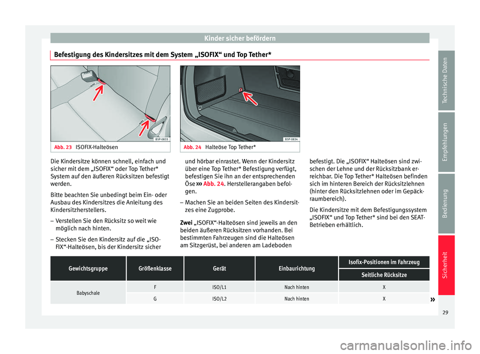 Seat Altea XL 2013 Betriebsanleitung (in German) Kinder sicher befördern
Befestigung des Kindersitzes mit dem System „ISOFIX“ und Top Tether* Abb. 23
ISOFIX-Halteösen Abb. 24
Halteöse Top Tether* Die Kindersitze können schnell, einfach und Seat Altea XL 2013 Betriebsanleitung (in German) Kinder sicher befördern
Befestigung des Kindersitzes mit dem System „ISOFIX“ und Top Tether* Abb. 23
ISOFIX-Halteösen Abb. 24
Halteöse Top Tether* Die Kindersitze können schnell, einfach und