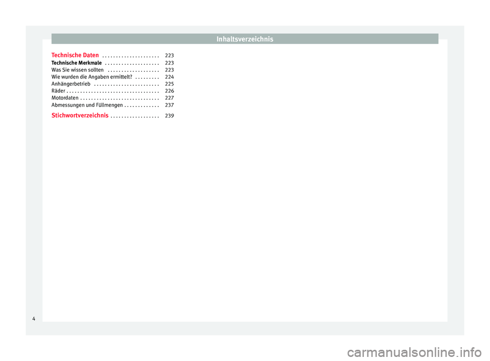 Seat Altea XL 2013  Betriebsanleitung (in German) Inhaltsverzeichnis
Technische Daten  . . . . . . . . . . . . . . . . . . . . . 223
Technische Merkmale  . . . . . . . . . . . . . . . . . . . . 223
Was Sie wissen sollten  . . . . . . . . . . . . . . 