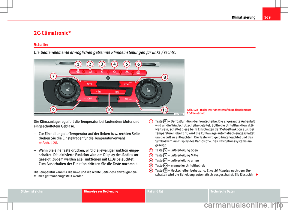 Seat Altea 2009 Betriebsanleitung (in German) 169
Klimatisierung
2C-Climatronic*
Schalter
Die Bedienelemente ermöglichen getrennte Klimaeinstellungen für links / rechts.
Abb. 128 In der Instrumententafel: Bedienelemente
2C-Climatronic
Die Klim Seat Altea 2009 Betriebsanleitung (in German) 169
Klimatisierung
2C-Climatronic*
Schalter
Die Bedienelemente ermöglichen getrennte Klimaeinstellungen für links / rechts.
Abb. 128 In der Instrumententafel: Bedienelemente
2C-Climatronic
Die Klim