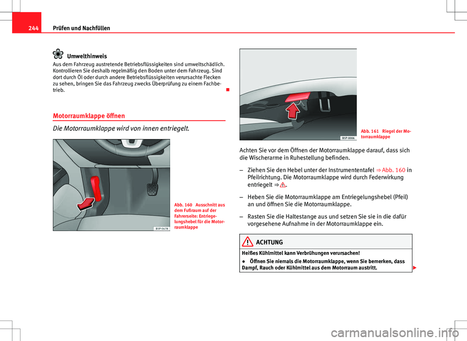 Seat Altea 2009 Betriebsanleitung (in German) 244Prüfen und Nachfüllen
Umwelthinweis
Aus dem Fahrzeug austretende Betriebsflüssigkeiten sind umweltschädlich.
Kontrollieren Sie deshalb regelmäßig den Boden unter dem Fahrzeug. Sind
dort durch Seat Altea 2009 Betriebsanleitung (in German) 244Prüfen und Nachfüllen
Umwelthinweis
Aus dem Fahrzeug austretende Betriebsflüssigkeiten sind umweltschädlich.
Kontrollieren Sie deshalb regelmäßig den Boden unter dem Fahrzeug. Sind
dort durch