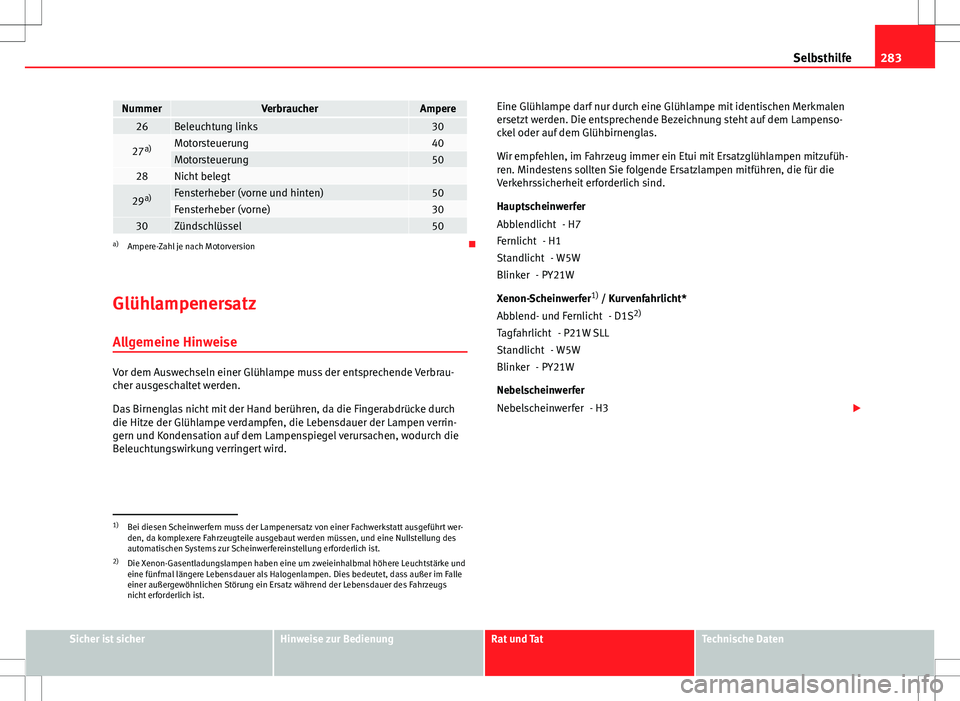 Seat Altea 2009  Betriebsanleitung (in German) 283
Selbsthilfe
NummerVerbraucherAmpere26Beleuchtung links30
27 a)Motorsteuerung40Motorsteuerung5028Nicht belegt 
29a)Fensterheber (vorne und hinten)50Fensterheber (vorne)3030Zündschlüssel50a)
Amper