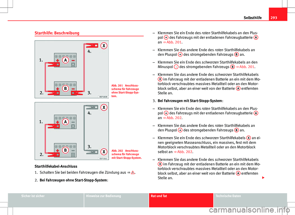 Seat Altea 2009 Betriebsanleitung (in German) 293
Selbsthilfe
Starthilfe: Beschreibung
Abb. 201 Anschluss-
schema für Fahrzeuge
ohne Start-Stopp-Sys-
tem.
Abb. 202 Anschluss-
schema für Fahrzeuge
mit Start-Stopp-System.
Starthilfekabel-Anschl Seat Altea 2009 Betriebsanleitung (in German) 293
Selbsthilfe
Starthilfe: Beschreibung
Abb. 201 Anschluss-
schema für Fahrzeuge
ohne Start-Stopp-Sys-
tem.
Abb. 202 Anschluss-
schema für Fahrzeuge
mit Start-Stopp-System.
Starthilfekabel-Anschl