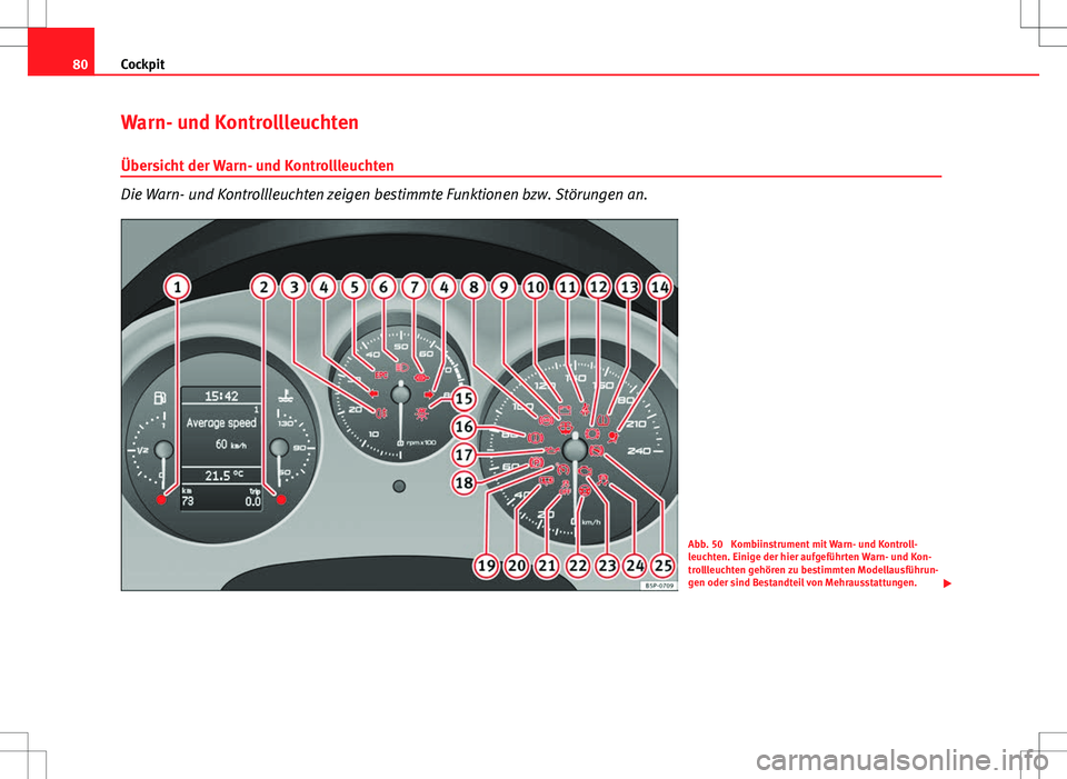 Seat Altea 2009 Betriebsanleitung (in German) 80Cockpit
Warn- und Kontrollleuchten
Übersicht der Warn- und Kontrollleuchten
Die Warn- und Kontrollleuchten zeigen bestimmte Funktionen bzw. Störungen an.
Abb. 50 Kombiinstrument mit Warn- und Kon Seat Altea 2009 Betriebsanleitung (in German) 80Cockpit
Warn- und Kontrollleuchten
Übersicht der Warn- und Kontrollleuchten
Die Warn- und Kontrollleuchten zeigen bestimmte Funktionen bzw. Störungen an.
Abb. 50 Kombiinstrument mit Warn- und Kon