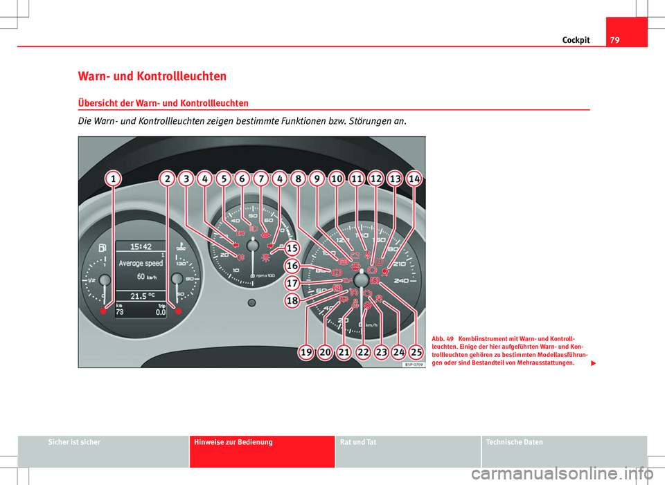 Seat Altea Freetrack 2012  Betriebsanleitung (in German) 79
Cockpit
Warn- und Kontrollleuchten Übersicht der Warn- und Kontrollleuchten
Die Warn- und Kontrollleuchten zeigen bestimmte Funktionen bzw. Störungen an.
Abb. 49  Kombiinstrument mit Warn- und Ko
