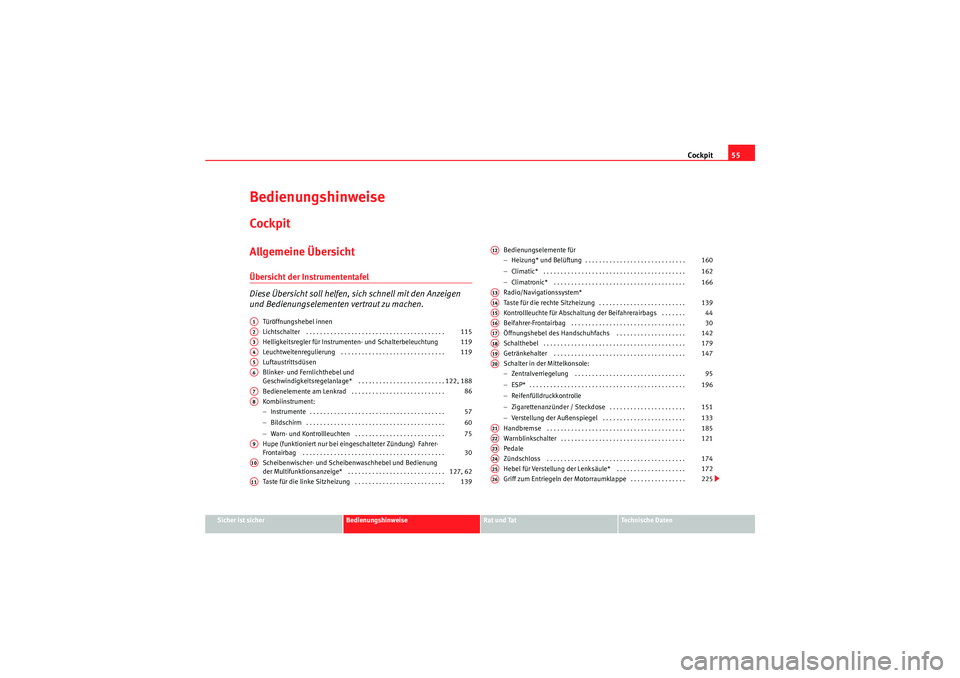 Seat Altea Freetrack 2008  Betriebsanleitung (in German) Cockpit55
Sicher ist sicher
Bedienungshinweise
Rat und Tat
Te c h n i s c h e  D a t e n
BedienungshinweiseCockpitAllgemeine ÜbersichtÜbersicht der Instrumententafel
Diese Übersicht soll helfen, si