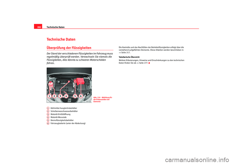 Seat Altea 2007 Betriebsanleitung (in German) Technische Daten
282Technische DatenÜberprüfung der FlüssigkeitenDer Stand der verschiedenen Flüssigkeiten im Fahrzeug muss
regelmäßig überprüft werden. Verwechseln Sie niemals die
Flüssigk Seat Altea 2007 Betriebsanleitung (in German) Technische Daten
282Technische DatenÜberprüfung der FlüssigkeitenDer Stand der verschiedenen Flüssigkeiten im Fahrzeug muss
regelmäßig überprüft werden. Verwechseln Sie niemals die
Flüssigk
