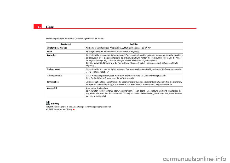 Seat Altea 2007 Betriebsanleitung (in German) Cockpit
66Anwendungsbeispiel der Menüs: „Anwendungsbeispiel der Menüs“
Hinweis
In Funktion der Elektronik und Ausstattung des Fahrzeugs erscheinen unter-
schiedliche Menüs am Display.Hauptmen Seat Altea 2007 Betriebsanleitung (in German) Cockpit
66Anwendungsbeispiel der Menüs: „Anwendungsbeispiel der Menüs“
Hinweis
In Funktion der Elektronik und Ausstattung des Fahrzeugs erscheinen unter-
schiedliche Menüs am Display.Hauptmen