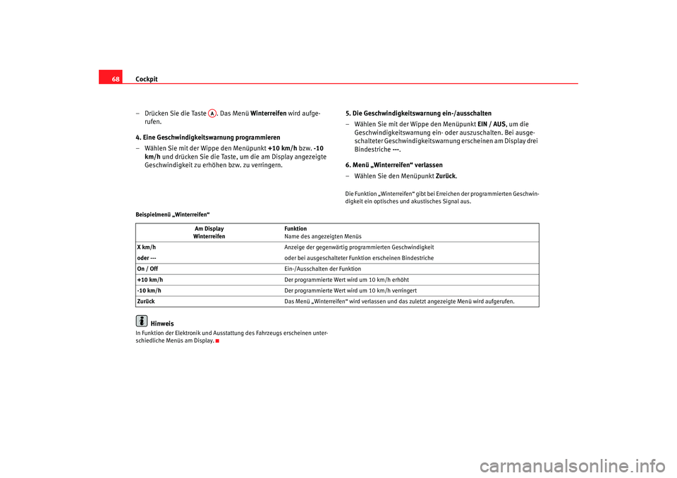 Seat Altea 2007 Betriebsanleitung (in German) Cockpit
68
– Drücken Sie die Taste . Das Menü Winterreifen wird aufge-
rufen.
4. Eine Geschwindigkeitswarnung programmieren
– Wählen Sie mit der Wippe den Menüpunkt +10 km/h bzw. -10
km/h Seat Altea 2007 Betriebsanleitung (in German) Cockpit
68
– Drücken Sie die Taste . Das Menü Winterreifen wird aufge-
rufen.
4. Eine Geschwindigkeitswarnung programmieren
– Wählen Sie mit der Wippe den Menüpunkt +10 km/h bzw. -10
km/h