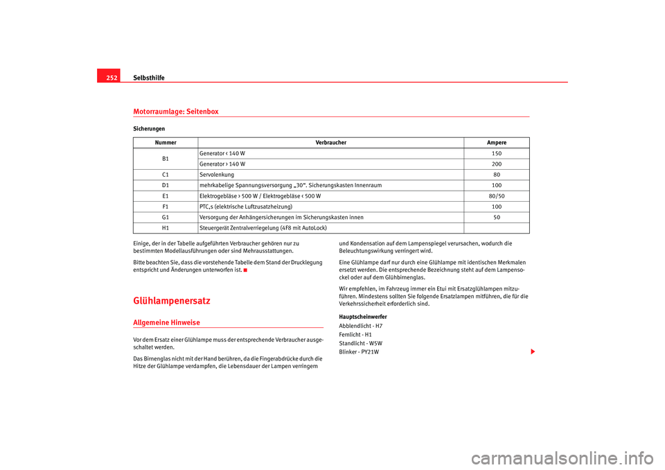 Seat Altea 2005 Betriebsanleitung (in German) Selbsthilfe
252Motorraumlage: SeitenboxSicherungen
Einige, der in der Tabelle aufgeführten Verbraucher gehören nur zu
bestimmten Modellausführungen oder sind Mehrausstattungen.
Bitte beachten Sie, Seat Altea 2005 Betriebsanleitung (in German) Selbsthilfe
252Motorraumlage: SeitenboxSicherungen
Einige, der in der Tabelle aufgeführten Verbraucher gehören nur zu
bestimmten Modellausführungen oder sind Mehrausstattungen.
Bitte beachten Sie,