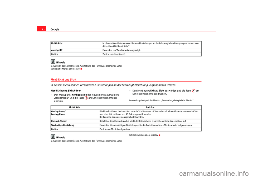 Seat Altea 2005  Betriebsanleitung (in German) Cockpit
72
HinweisIn Funktion der Elektronik und Ausstattung des Fahrzeugs erscheinen unter-
schiedliche Menüs am Display.Menü Licht und Sicht 
In diesem Menü können verschiedene Einstellunge n an