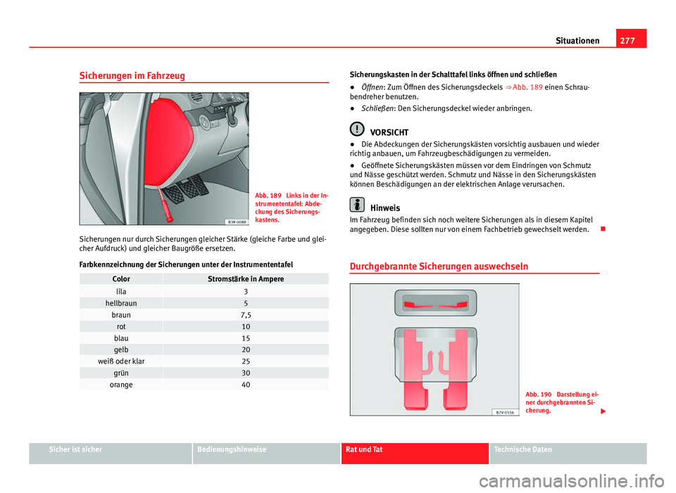 Seat Exeo 2009 Betriebsanleitung (in German) 277
Situationen
Sicherungen im Fahrzeug
Abb. 189 Links in der In-
strumententafel: Abde-
ckung des Sicherungs-
kastens.
Sicherungen nur durch Sicherungen gleicher Stärke (gleiche Farbe und glei-
che Seat Exeo 2009 Betriebsanleitung (in German) 277
Situationen
Sicherungen im Fahrzeug
Abb. 189 Links in der In-
strumententafel: Abde-
ckung des Sicherungs-
kastens.
Sicherungen nur durch Sicherungen gleicher Stärke (gleiche Farbe und glei-
che