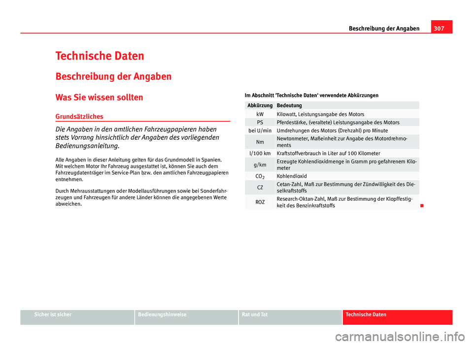 Seat Exeo 2009  Betriebsanleitung (in German) 307
Beschreibung der Angaben
Technische Daten
Beschreibung der Angaben
Was Sie wissen solltenGrundsätzliches
Die Angaben in den amtlichen Fahrzeugpapieren haben
stets Vorrang hinsichtlich der Angaben