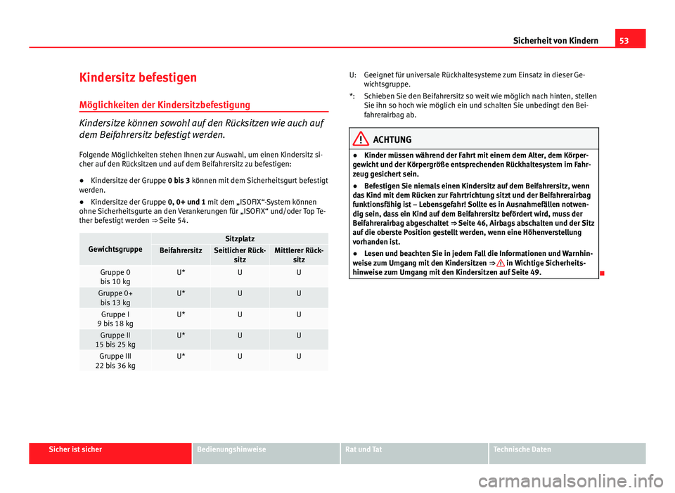Seat Exeo 2009 Betriebsanleitung (in German) 53
Sicherheit von Kindern
Kindersitz befestigen
Möglichkeiten der Kindersitzbefestigung
Kindersitze können sowohl auf den Rücksitzen wie auch auf
dem Beifahrersitz befestigt werden.
Folgende Mögli Seat Exeo 2009 Betriebsanleitung (in German) 53
Sicherheit von Kindern
Kindersitz befestigen
Möglichkeiten der Kindersitzbefestigung
Kindersitze können sowohl auf den Rücksitzen wie auch auf
dem Beifahrersitz befestigt werden.
Folgende Mögli