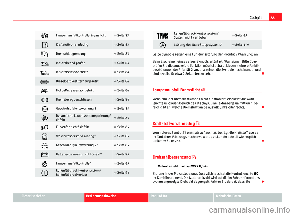 Seat Exeo 2012  Betriebsanleitung (in German) 83
Cockpit
Lampenausfallkontrolle Bremslicht⇒ Seite 83
Kraftstoffvorrat niedrig⇒ Seite 83
Drehzahlbegrenzung⇒ Seite 83
Motorölstand prüfen⇒ Seite 84
Motorölsensor def