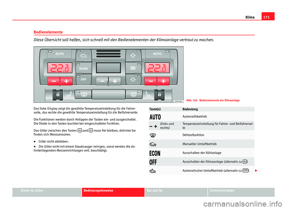 Seat Exeo ST 2013  Betriebsanleitung (in German) 171
Klima
Bedienelemente
Diese Übersicht soll helfen, sich schnell mit den Bedienelementen der Klimaanlage vertraut zu machen.
Abb. 140  Bedienelemente der Klimaanlage
Das linke Display zeigt die gew