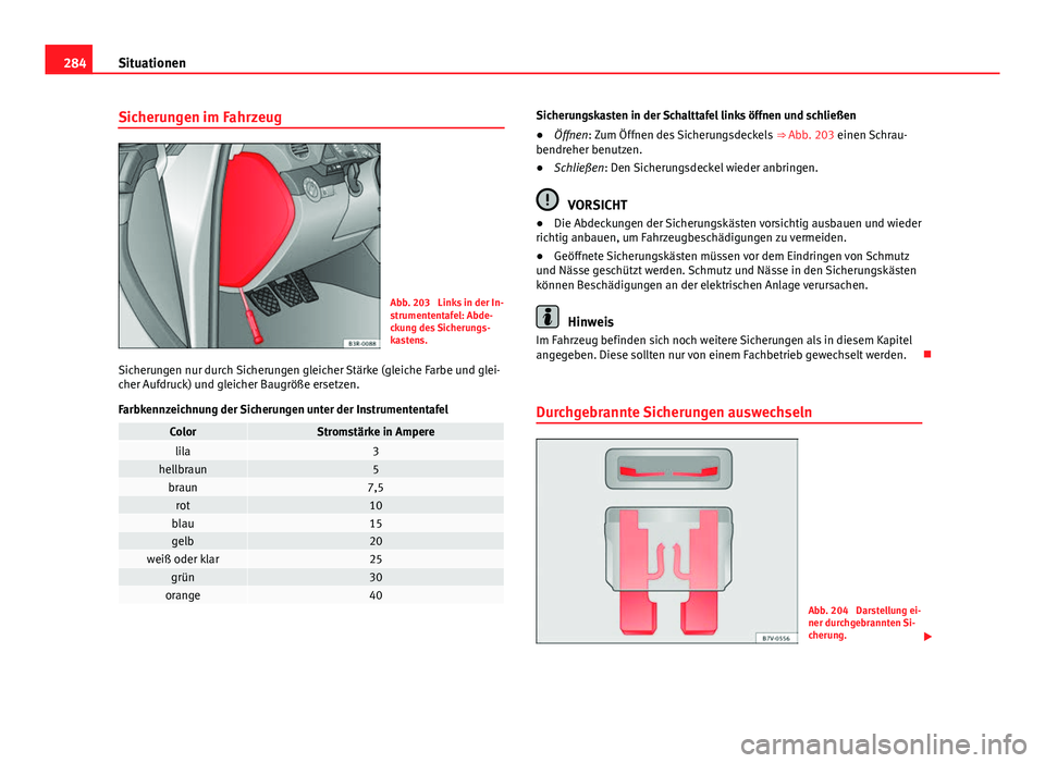 Seat Exeo ST 2013 Betriebsanleitung (in German) 284Situationen
Sicherungen im Fahrzeug
Abb. 203 Links in der In-
strumententafel: Abde-
ckung des Sicherungs-
kastens.
Sicherungen nur durch Sicherungen gleicher Stärke (gleiche Farbe und glei-
cher Seat Exeo ST 2013 Betriebsanleitung (in German) 284Situationen
Sicherungen im Fahrzeug
Abb. 203 Links in der In-
strumententafel: Abde-
ckung des Sicherungs-
kastens.
Sicherungen nur durch Sicherungen gleicher Stärke (gleiche Farbe und glei-
cher