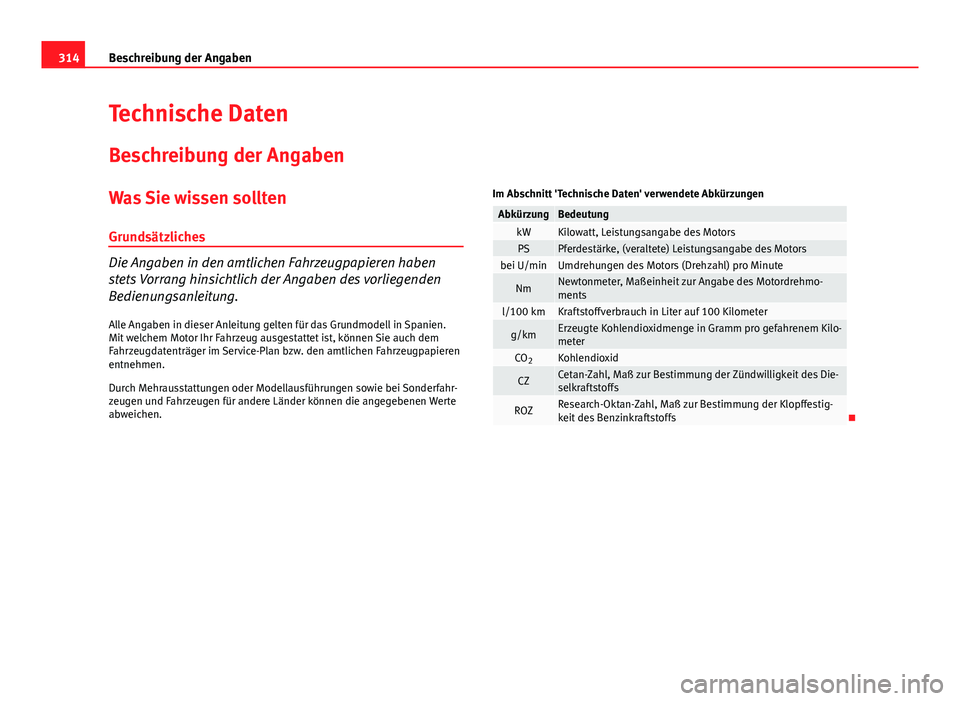 Seat Exeo ST 2013 Betriebsanleitung (in German) 314Beschreibung der Angaben
Technische Daten
Beschreibung der Angaben
Was Sie wissen solltenGrundsätzliches
Die Angaben in den amtlichen Fahrzeugpapieren haben
stets Vorrang hinsichtlich der Angaben Seat Exeo ST 2013 Betriebsanleitung (in German) 314Beschreibung der Angaben
Technische Daten
Beschreibung der Angaben
Was Sie wissen solltenGrundsätzliches
Die Angaben in den amtlichen Fahrzeugpapieren haben
stets Vorrang hinsichtlich der Angaben