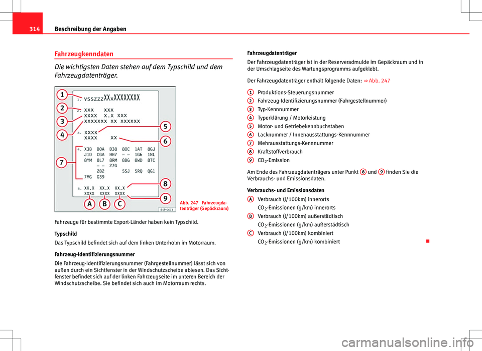 Seat Exeo ST 2012  Betriebsanleitung (in German) 314Beschreibung der Angaben
Fahrzeugkenndaten
Die wichtigsten Daten stehen auf dem Typschild und dem
Fahrzeugdatenträger.
Abb. 247  Fahrzeugda-
tenträger (Gepäckraum)
Fahrzeuge für bestimmte Expor
