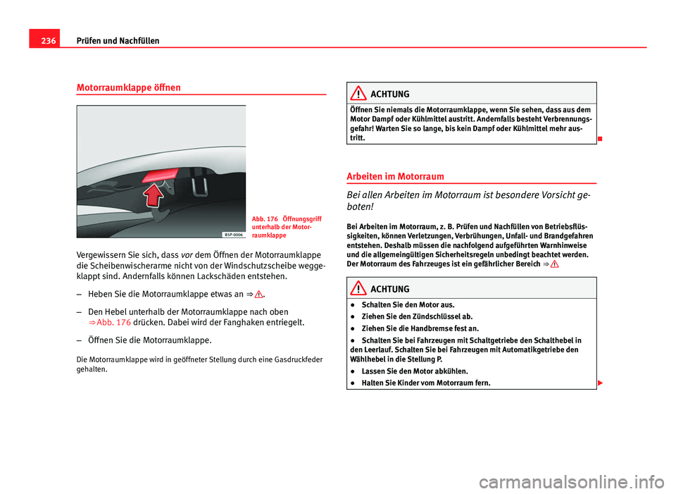 Seat Exeo ST 2009  Betriebsanleitung (in German) 236Prüfen und Nachfüllen
Motorraumklappe öffnen
Abb. 176  Öffnungsgriff
unterhalb der Motor-
raumklappe
Vergewissern Sie sich, dass  vor dem Öffnen der Motorraumklappe
die Scheibenwischerarme nic