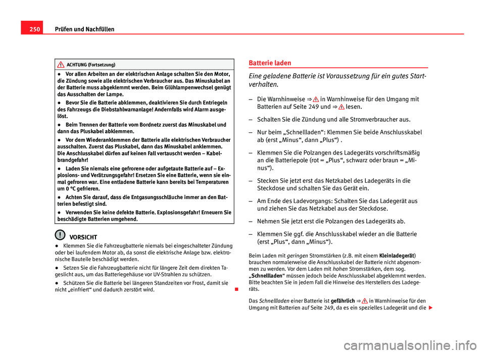 Seat Exeo ST 2009  Betriebsanleitung (in German) 250Prüfen und Nachfüllen
ACHTUNG (Fortsetzung)
● Vor allen Arbeiten an der elektrischen Anlage schalten Sie den Motor,
die Zündung sowie alle elektrischen Verbraucher aus. Das Minuskabel an
der B