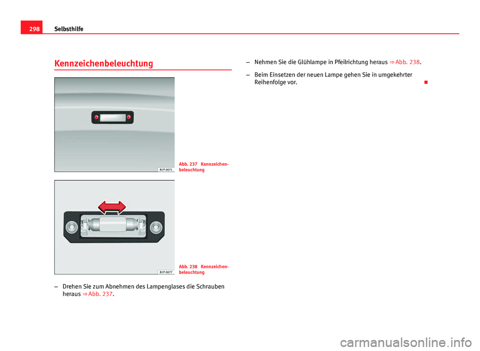 Seat Exeo ST 2009  Betriebsanleitung (in German) 298Selbsthilfe
Kennzeichenbeleuchtung
Abb. 237  Kennzeichen-
beleuchtung
Abb. 238  Kennzeichen-
beleuchtung
– Drehen Sie zum Abnehmen des Lampenglases die Schrauben
heraus  ⇒ Abb. 237. –
Nehme