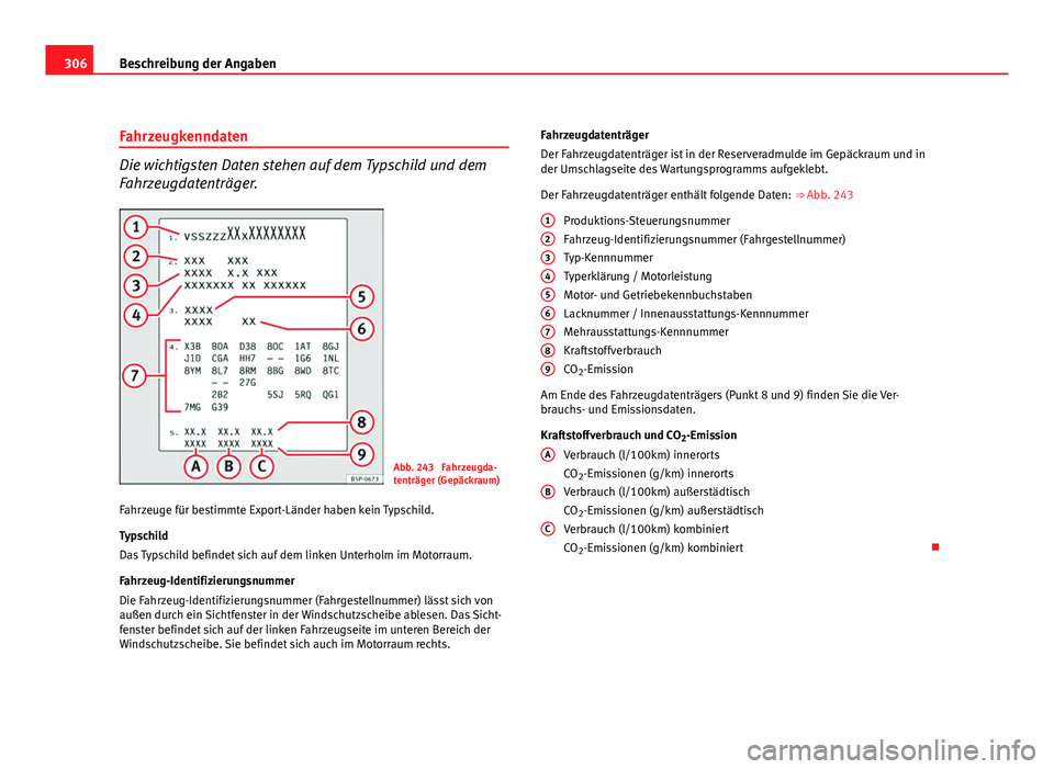 Seat Exeo ST 2009  Betriebsanleitung (in German) 306Beschreibung der Angaben
Fahrzeugkenndaten
Die wichtigsten Daten stehen auf dem Typschild und dem
Fahrzeugdatenträger.
Abb. 243  Fahrzeugda-
tenträger (Gepäckraum)
Fahrzeuge für bestimmte Expor