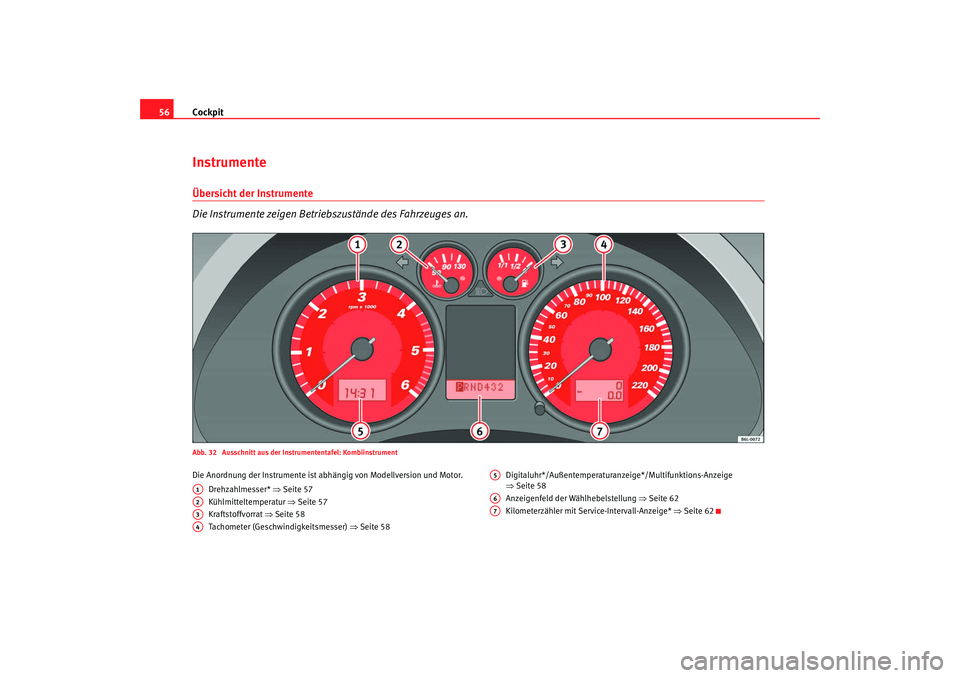 Seat Cordoba 2007 Betriebsanleitung (in German) Cockpit
56InstrumenteÜbersicht der Instrumente
Die Instrumente zeigen Betriebszustände des Fahrzeuges an.Abb. 32 Ausschnitt aus der Instrumententafel: KombiinstrumentDie Anordnung der Instrumente Seat Cordoba 2007 Betriebsanleitung (in German) Cockpit
56InstrumenteÜbersicht der Instrumente
Die Instrumente zeigen Betriebszustände des Fahrzeuges an.Abb. 32 Ausschnitt aus der Instrumententafel: KombiinstrumentDie Anordnung der Instrumente