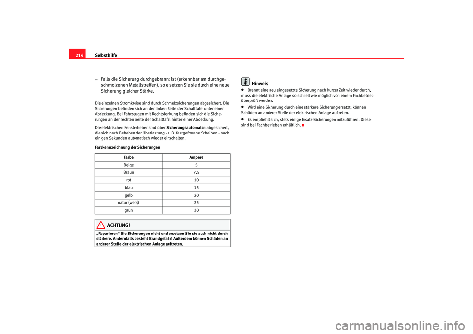 Seat Cordoba 2006 Betriebsanleitung (in German) Selbsthilfe
214
– Falls die Sicherung durchgebrannt ist (erkennbar am durchge-schmolzenen Metallstreifen), so ersetzen Sie sie durch eine neue
Sicherung gleicher Stärke.Die einzelnen Stromkreise s Seat Cordoba 2006 Betriebsanleitung (in German) Selbsthilfe
214
– Falls die Sicherung durchgebrannt ist (erkennbar am durchge-schmolzenen Metallstreifen), so ersetzen Sie sie durch eine neue
Sicherung gleicher Stärke.Die einzelnen Stromkreise s